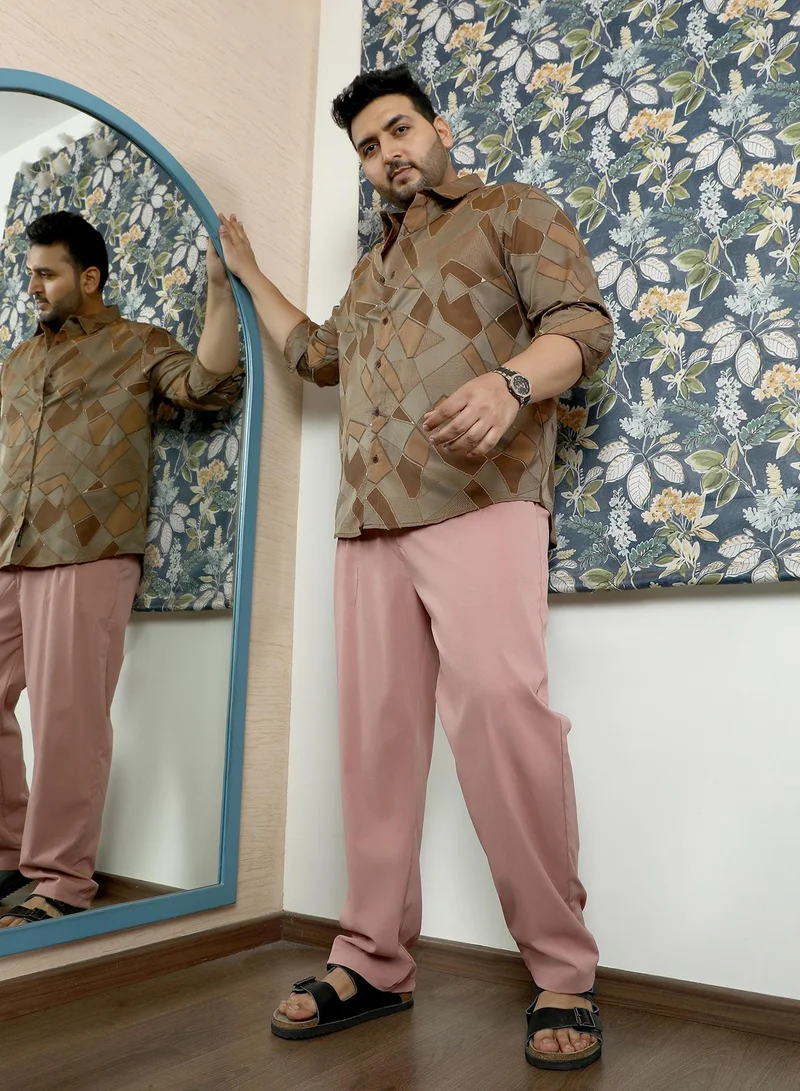 Instafab Plus Instafab Plus Men's Mauve Pink Double-Pleated Tailored Trousers | Mid Rise , Straight Hem , Button Closure | Solid Plain Polyester Blend Material For Office & Casual Wear