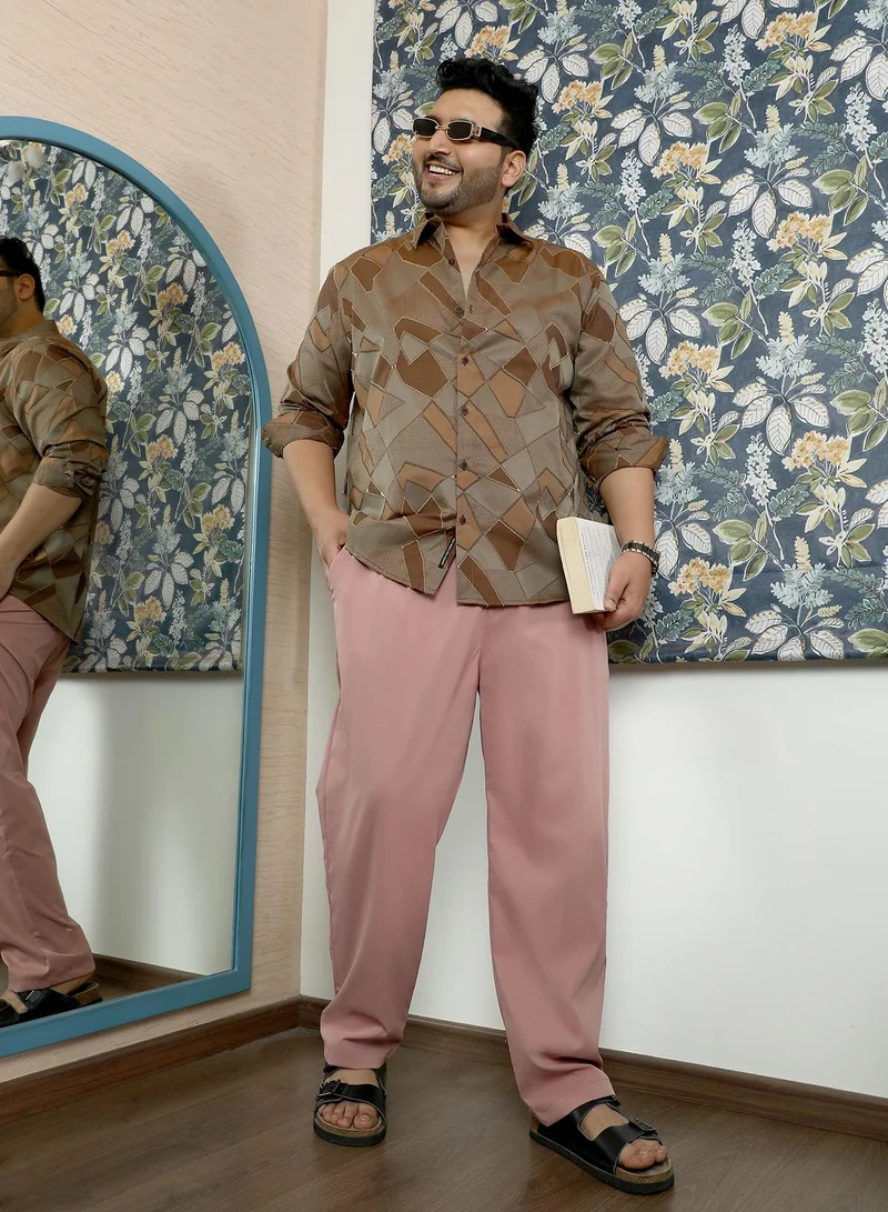 Instafab Plus Instafab Plus Men's Mauve Pink Double-Pleated Tailored Trousers | Mid Rise , Straight Hem , Button Closure | Solid Plain Polyester Blend Material For Office & Casual Wear