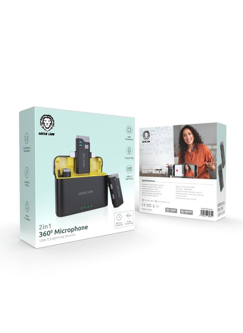 GREEN LION - 2 In 1 360° Microphone USB-C Lightning / 21 Hours Working Time / Automatic Pairing / Up to 20m Transmission Range / Noise Cancelling - Black - Image 1