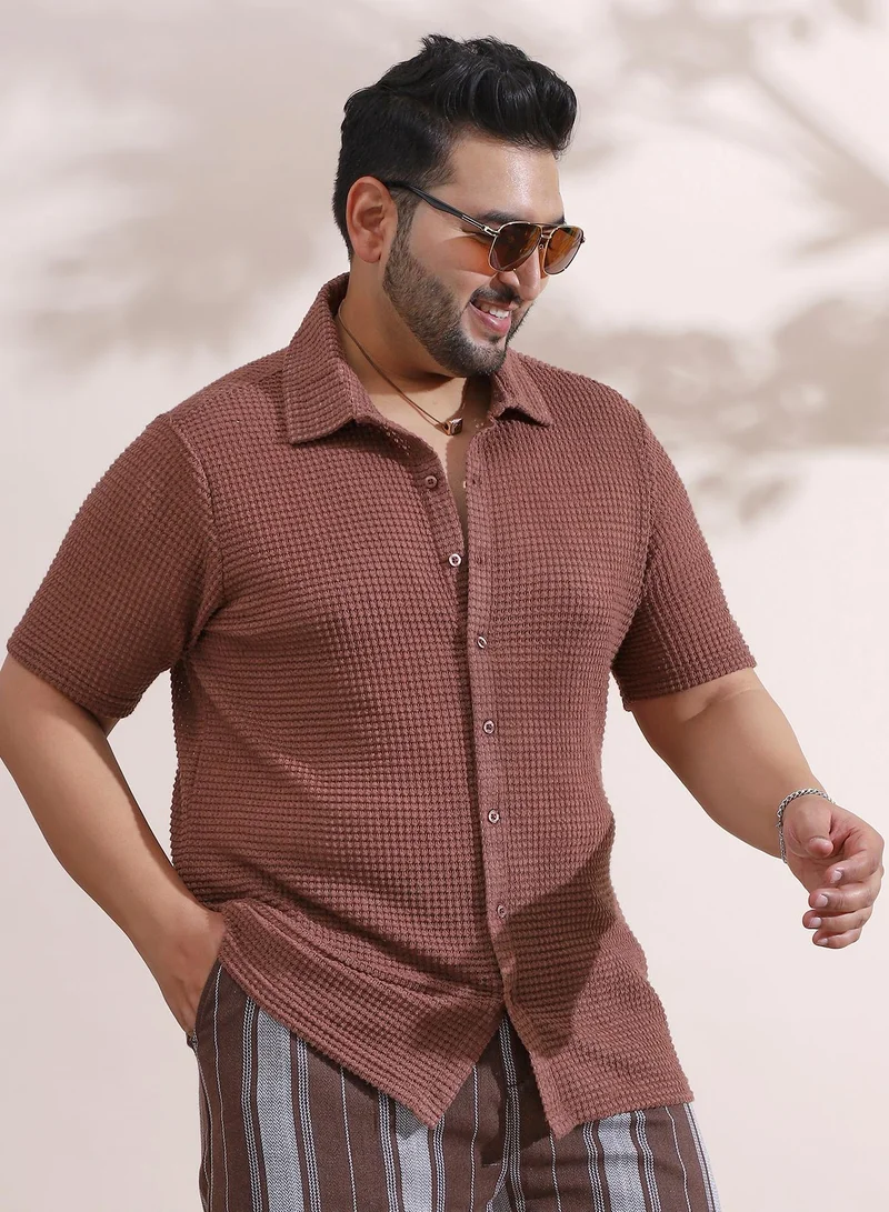 Instafab Plus Instafab Plus Men's Chocolate Brown Solid-Knit Relaxed Shirt For Casual Wear | Spread Collar | Short Regular Sleeves | Button Closure | Plus Size Shirt Crafted With Comfort Fit For Everyday Wear