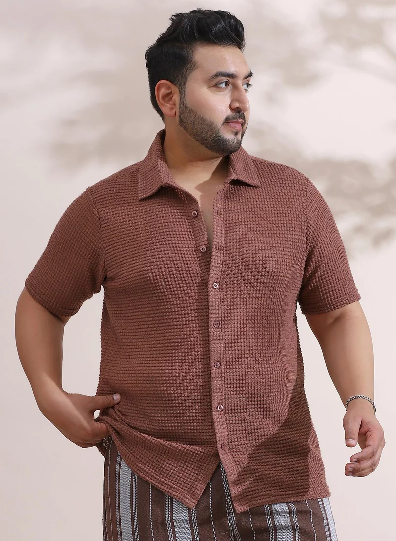 Instafab Plus Instafab Plus Men's Chocolate Brown Solid-Knit Relaxed Shirt For Casual Wear | Spread Collar | Short Regular Sleeves | Button Closure | Plus Size Shirt Crafted With Comfort Fit For Everyday Wear