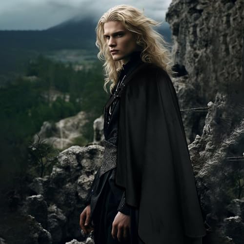 L'VOW Men's One Shoulder Cape Shawl Medieval Cloak with Belt LARP Warrior Samurai Cape Halloween Dune Costume(Black) - Image 2