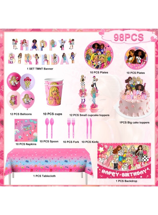 ILovhaprty Barbie Princess Birthday Party Decorations for 10 Guests, 98pcs Barbie Party Tableware Set - Barbie Backdrop Balloon Banner Tablecloth Cake Toppers etc Princess Party Supplies - Image 3