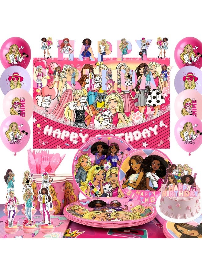 ILovhaprty Barbie Princess Birthday Party Decorations for 10 Guests, 98pcs Barbie Party Tableware Set - Barbie Backdrop Balloon Banner Tablecloth Cake Toppers etc Princess Party Supplies - Image 1