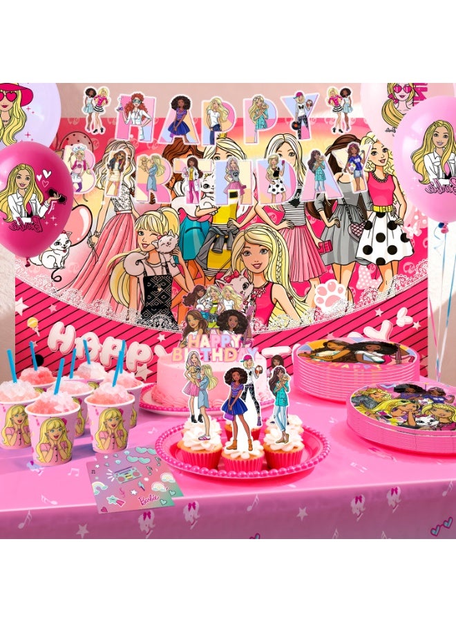 ILovhaprty Barbie Princess Birthday Party Decorations for 10 Guests, 98pcs Barbie Party Tableware Set - Barbie Backdrop Balloon Banner Tablecloth Cake Toppers etc Princess Party Supplies - Image 4
