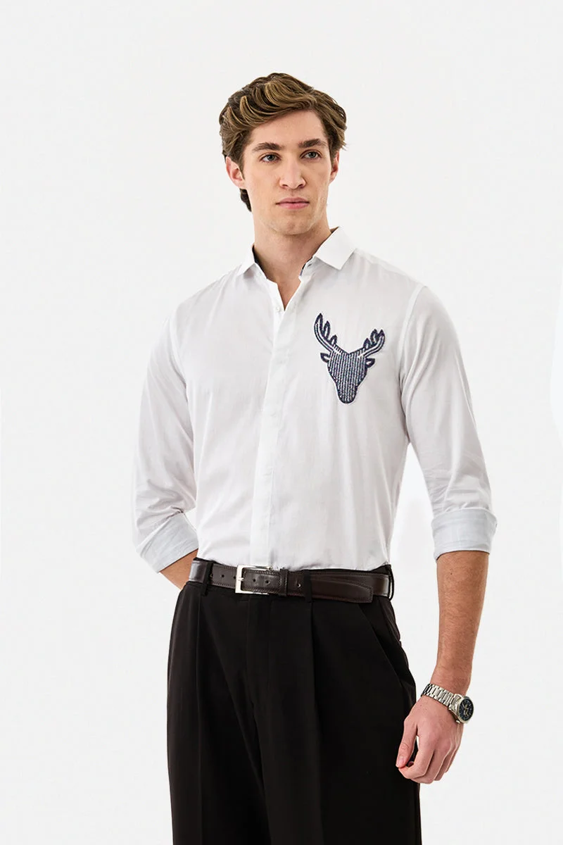 SNITCH White Embroidered Long Sleeve Slim Fit Shirt