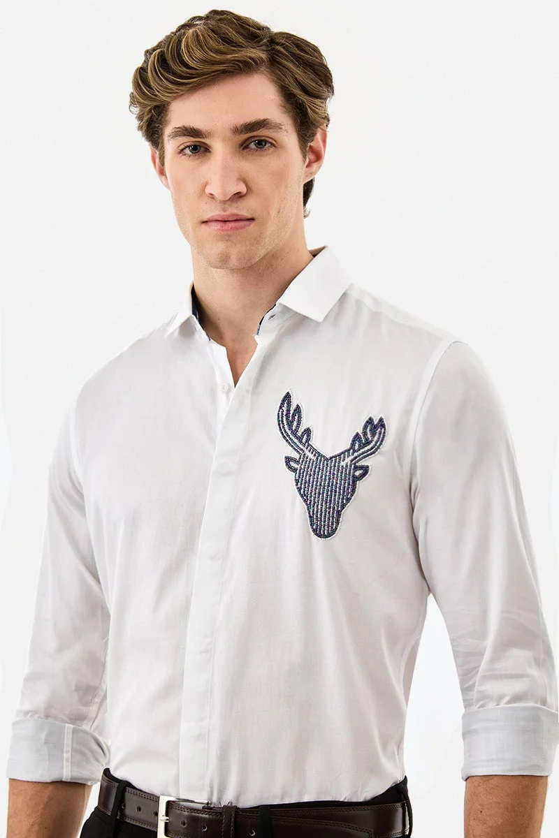 سنيتش White Embroidered Long Sleeve Slim Fit Shirt