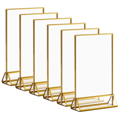 Climberty® Acrylic Gold Sign Holders, 5.9x8.2 inch Clear Picture Frames with Gold Borders and Vertical Stand, Double Sided Table Menu Display Stand for Restaurant Signs, Party Table and Photos 6Pcs - Image 1