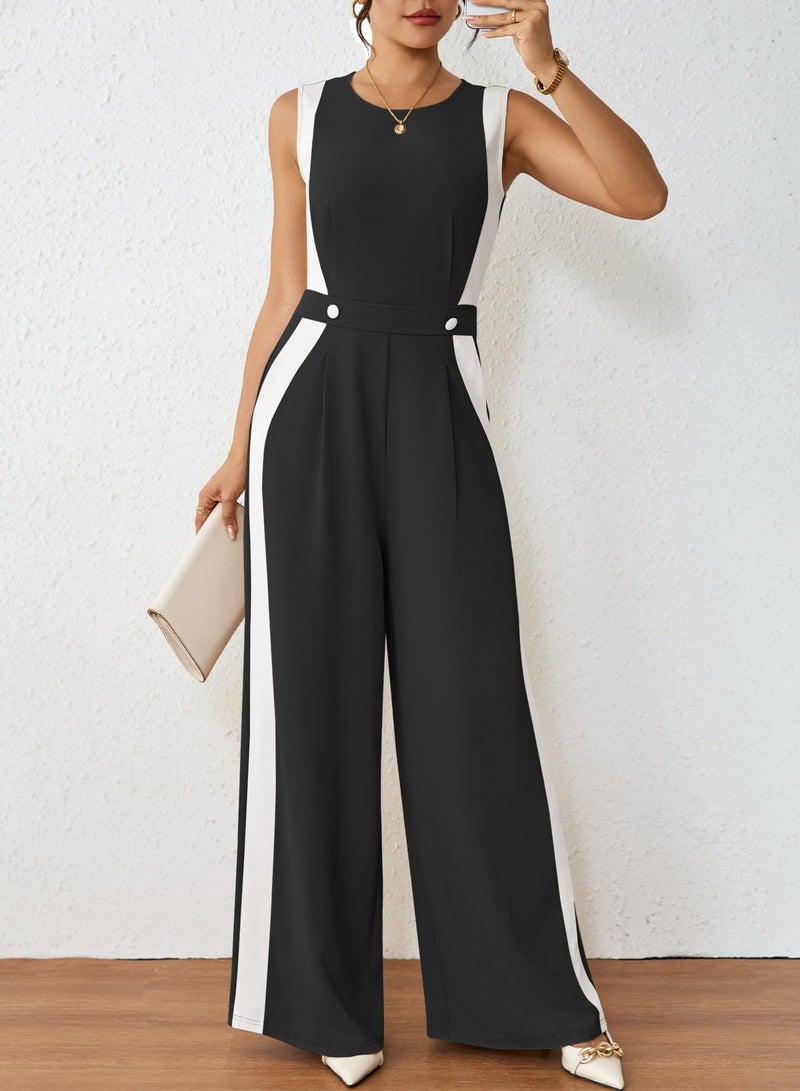 Pink Queen Formal Jumpsuits for Women Color Block Sleeveless Wide Leg Long Pants One Piece Holiday Party Outfits Black L - Image 5