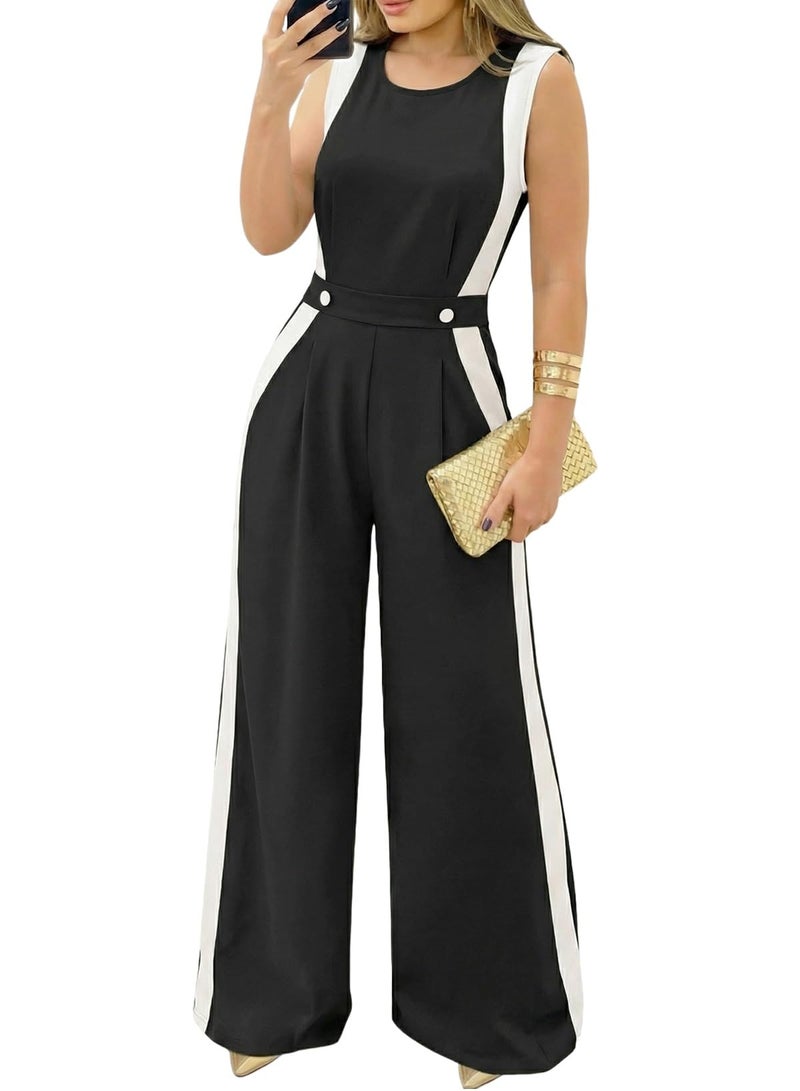 Pink Queen Formal Jumpsuits for Women Color Block Sleeveless Wide Leg Long Pants One Piece Holiday Party Outfits Black L - Image 1