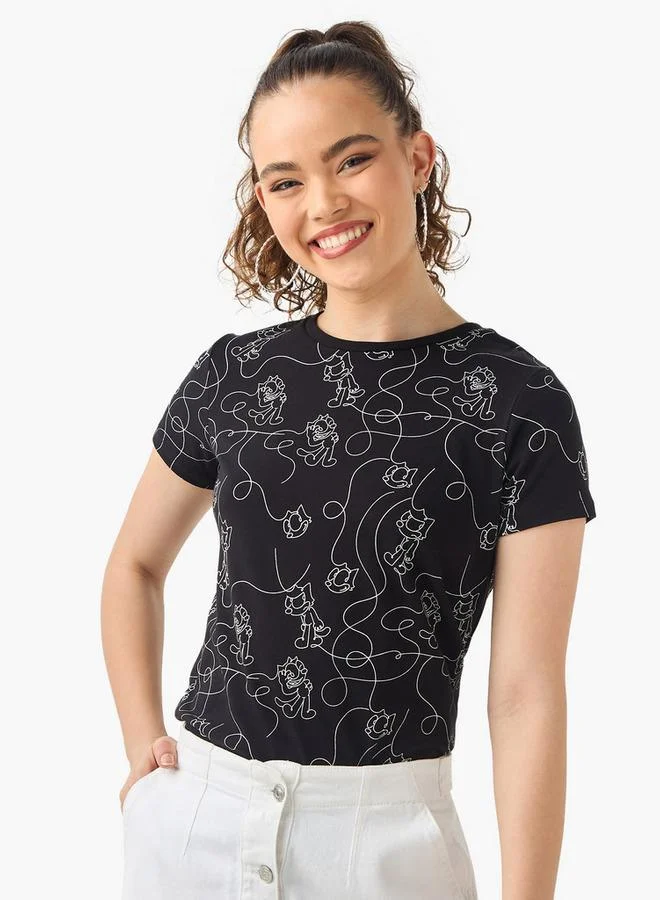 اس بي كاركترز تيشيرت فيليكس ذا كات بطبعة برقبة دائرية