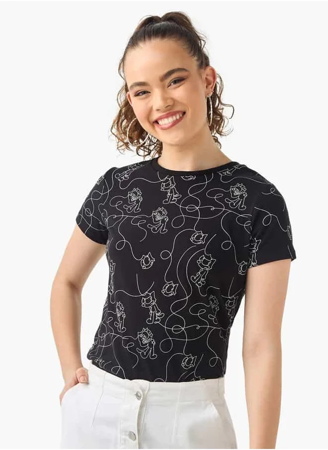 اس بي كاركترز Felix The Cat Print Crew Neck T-shirt