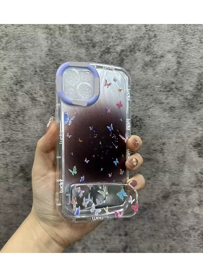 Temu A transparent phone case decorated with glittery butterflies, featuring a built-in stand for phone mounting. Made of durable, shock- and scratch-resistant material. Compatible with iPhone 14 Plus.