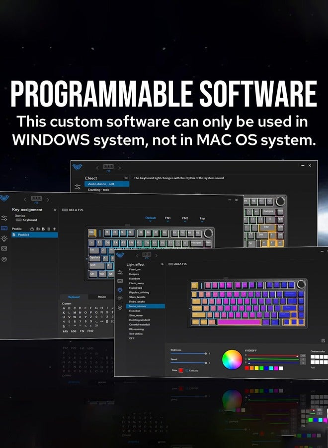AULA F75 75% Gaming Keyboard,Wireless Gasket Mechanical Keyboard, Hot Swappable Gaming Keyboard with Five-Layer Padding&Knob, Bluetooth/2.4GHz/USB-C, RGB Backlit(Black Gradient,Reaper Switch) - Image 4