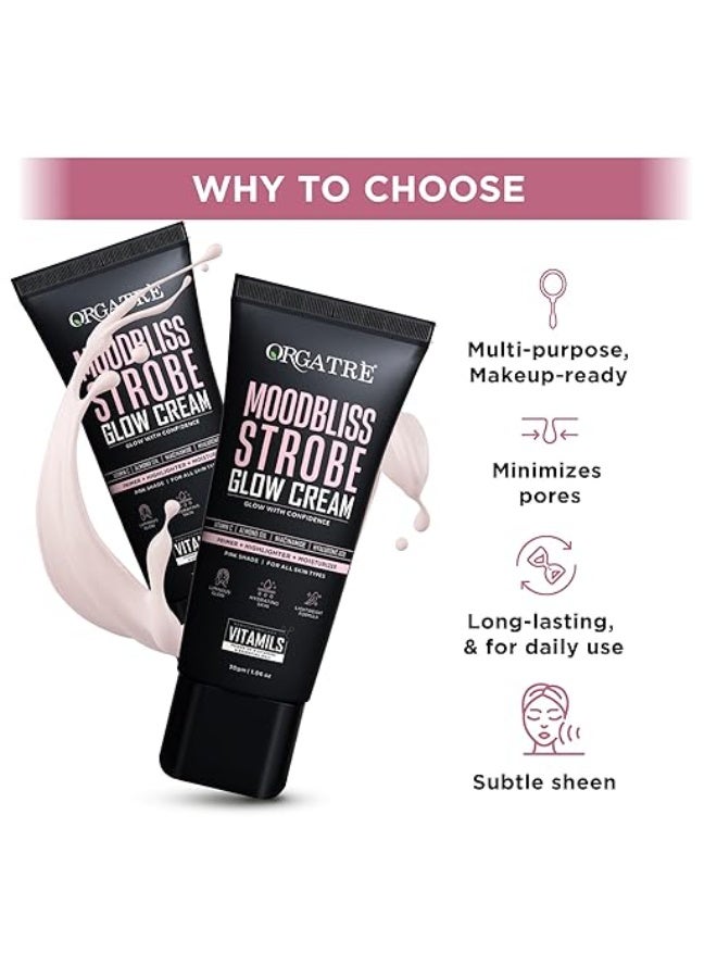 Orgatre كريم Orgatre Moodbliss Strobe Glow لإشراقة فورية للوجه | برايمر ومُضيء (هايلايتر) ومرطب غني بفيتامين C وزيت اللوز والنياسيناميد وحمض الهيالورونيك | قاعدة مكياج للبشرة الدهنية والمعرضة لحب الشباب | لون وردي | 30 جم - Image 4