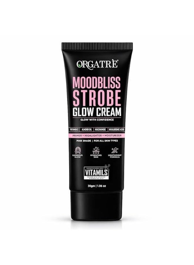 Orgatre كريم Orgatre Moodbliss Strobe Glow لإشراقة فورية للوجه | برايمر ومُضيء (هايلايتر) ومرطب غني بفيتامين C وزيت اللوز والنياسيناميد وحمض الهيالورونيك | قاعدة مكياج للبشرة الدهنية والمعرضة لحب الشباب | لون وردي | 30 جم - Image 1