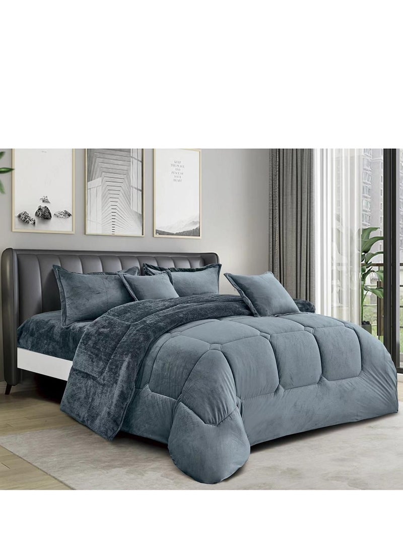 مينجلي مفرش سرير نفرين شتوي يتكون من 6 قطع بتصميم مخمل السادة والفرو مقاس اللحاف 240x220 سم