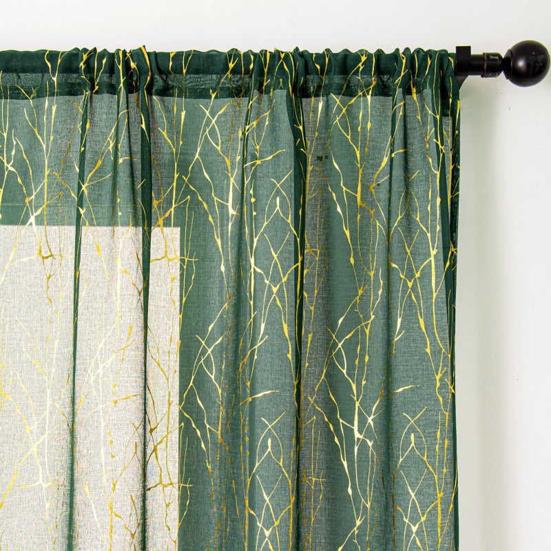 Deeprove Emerald Green Sheer Curtains 63 inch Length 2 Panels  Tree Branch Gold Foil Print Metallic for Bedroom Xmas Artistic Abstract Decor  Window Treatment Pair Set  Rod Pocket  W52 x L 63"" - Image 2