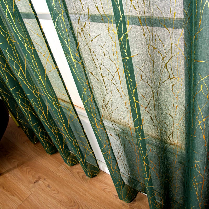 Deeprove Emerald Green Sheer Curtains 63 inch Length 2 Panels  Tree Branch Gold Foil Print Metallic for Bedroom Xmas Artistic Abstract Decor  Window Treatment Pair Set  Rod Pocket  W52 x L 63"" - Image 5