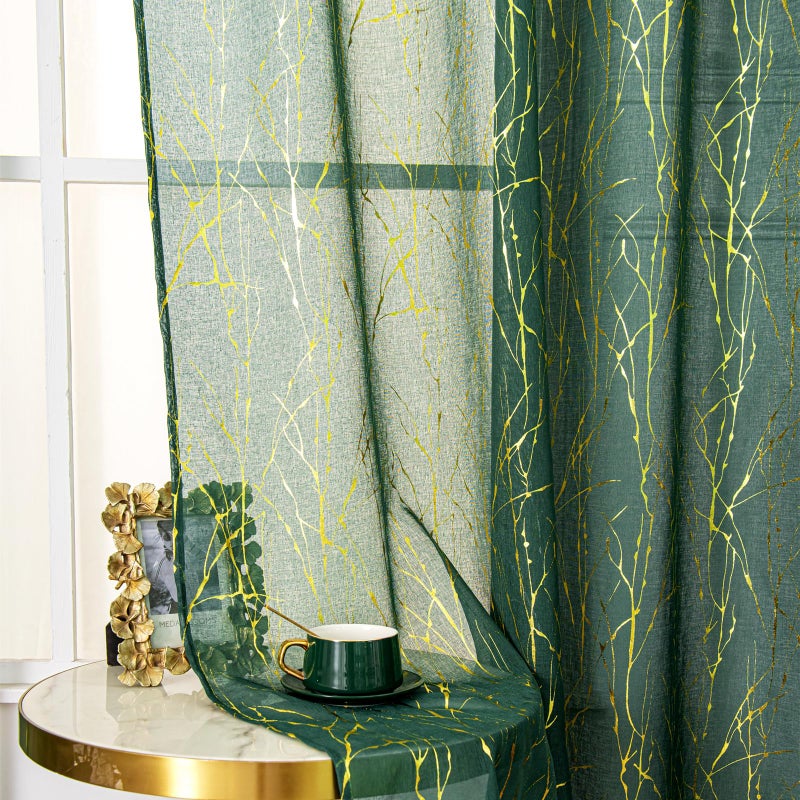 Deeprove Emerald Green Sheer Curtains 63 inch Length 2 Panels  Tree Branch Gold Foil Print Metallic for Bedroom Xmas Artistic Abstract Decor  Window Treatment Pair Set  Rod Pocket  W52 x L 63"" - Image 1