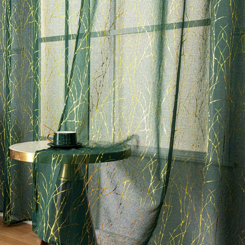 Deeprove Emerald Green Sheer Curtains 63 inch Length 2 Panels  Tree Branch Gold Foil Print Metallic for Bedroom Xmas Artistic Abstract Decor  Window Treatment Pair Set  Rod Pocket  W52 x L 63"" - Image 3