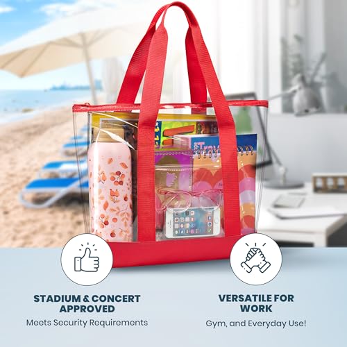 Handy Laundry Clear Tote Bag - Zipper Closure, Long Shoulder Strap, Fabric Trimming. (Red) - Image 5