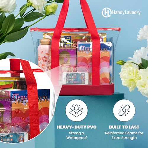 Handy Laundry Clear Tote Bag - Zipper Closure, Long Shoulder Strap, Fabric Trimming. (Red) - Image 3