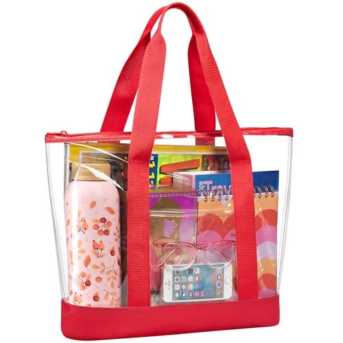 Handy Laundry Clear Tote Bag - Zipper Closure, Long Shoulder Strap, Fabric Trimming. (Red) - Image 1