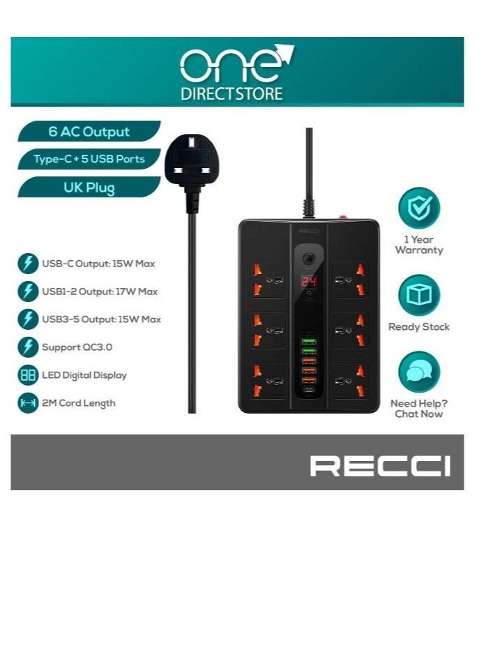 Phone Planet Recci PD+QC UK Plug Power Socket (6 AC Outlets, Type-C + 5 USB Ports  - Image 3