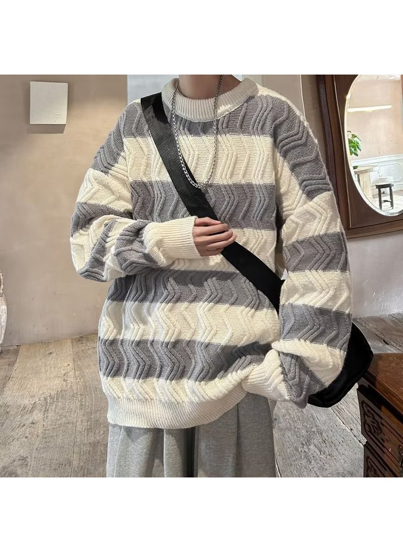 Generic Striped Sweater Mens Autumn/Winter Trendy Hong Kong Style Loose Fit Couple Match Preppy Knitted Top Lazy Round Neck Pullover 729 Brown  - Image 2