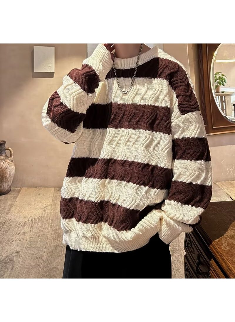 Generic Striped Sweater Mens Autumn/Winter Trendy Hong Kong Style Loose Fit Couple Match Preppy Knitted Top Lazy Round Neck Pullover 729 Brown  - Image 1