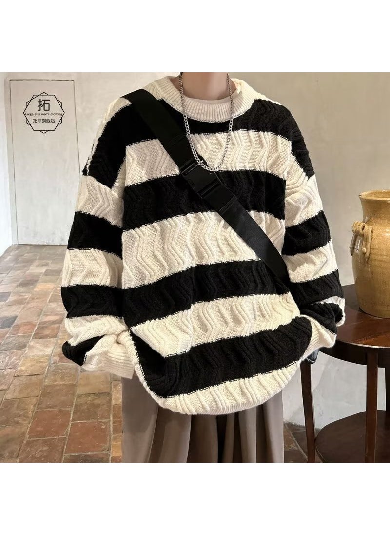 Generic Striped Sweater Mens Autumn/Winter Trendy Hong Kong Style Loose Fit Couple Match Preppy Knitted Top Lazy Round Neck Pullover 729 Brown  - Image 3