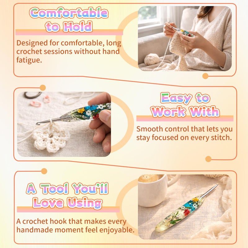 Reessy 5.0mm Crochet Hook with Floral Resin Handle â€“ Ergonomic Grip & Hand-Polished Stainless Steel Tip â€“ Smooth Glide Crochet Hook for Beginners, Arthritic Hands & Gifts (H-5.0mm) - Image 5