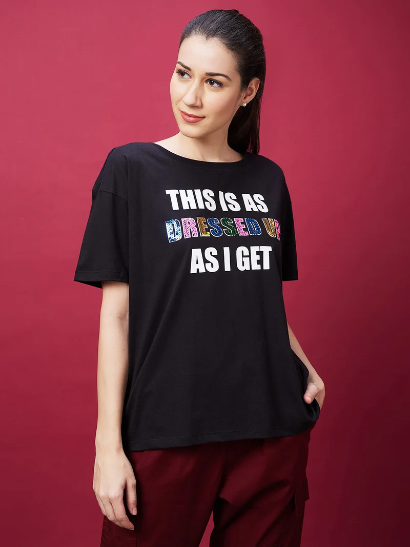 Women Black Typography Printed Pure Cotton Oversized T-Shirt