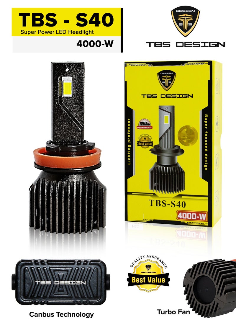 TBS DESIGN S40 9005 LED المصابيح الأمامية 6500K فائقة السطوع HB3 LED لمبة عالية منخفضة الشعاع هالوجين استبدال مجموعة تحويل المصابيح الأمامية LED، عبوتان