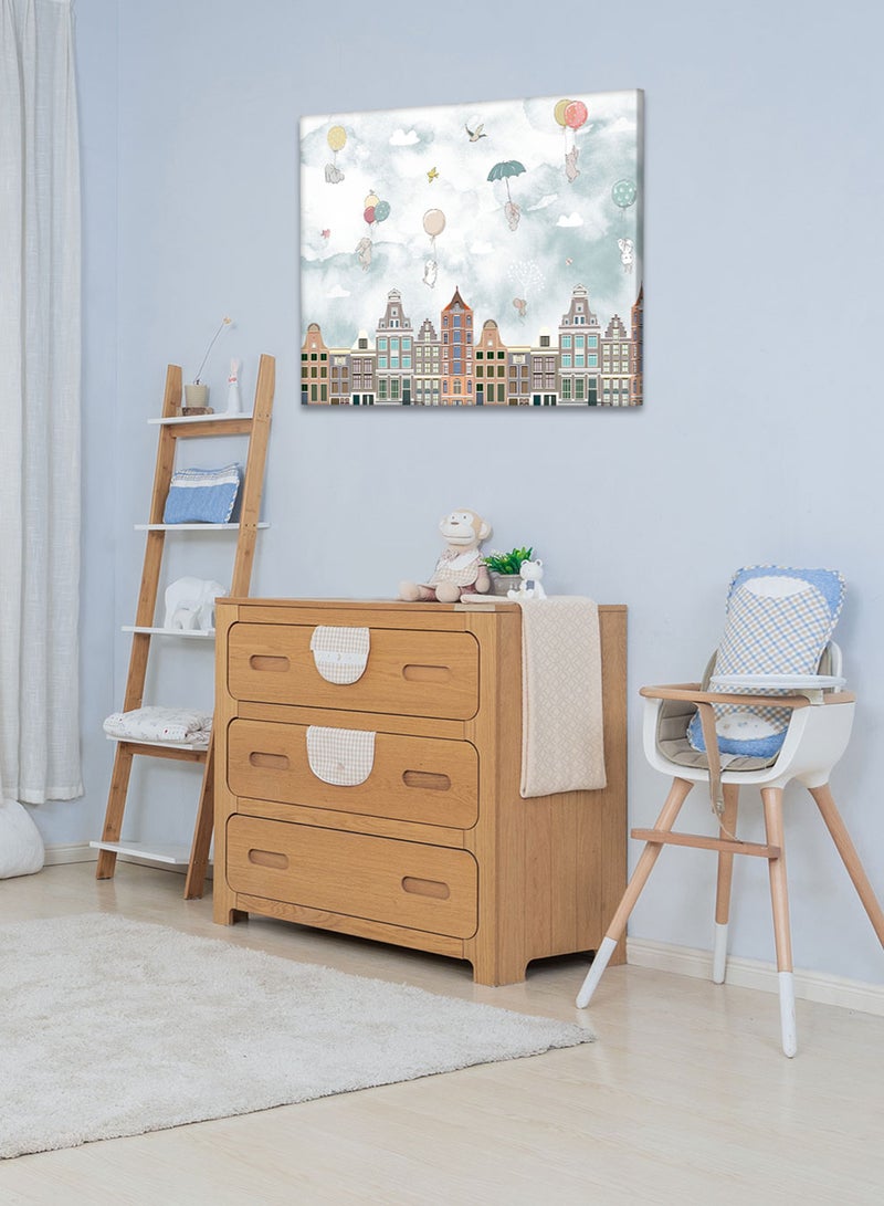 لوحة كانفاس على إطار خشبي بتصميم أرانب مع بالونات، للمنزل، غرفة المعيشة، المكتب، الديكور - Image 1