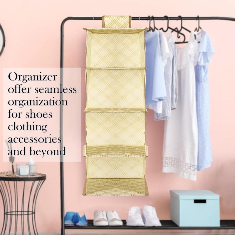 Kuber Industries Kuber Industries Pack of 2 Shoe Rack | 4 Shelf Foldable Storage Rack | Clothes Hanging Organizer | Shoe Storage Organizer | Closet Organizer with Velcro | Cabinet Storage Rack | Check-Print | Cream  - Image 4