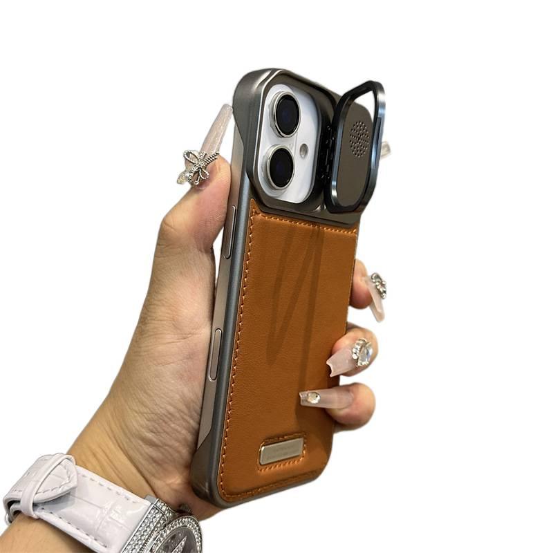 iPhone 16 Plus Leather Protective Texture for iPhone 16 16 Plus 16 Pro 16 Pro Max with Kickstand and Texture in Brown - Image 1