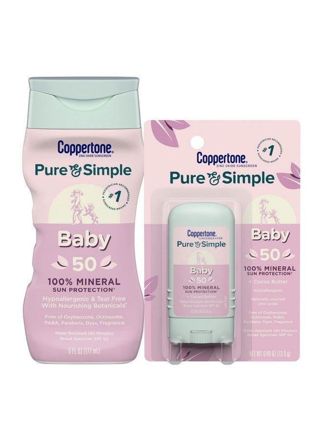 Coppertone Pure And Simple Baby Mineral Sunscreen Pack, Hypoallergenic And Tear Free Sunscreen For Babies, Baby Sunscreen Lotion Spf 50, 6 Fl Oz Bottle + Baby Sunscreen Stick Spf 50, 0.49 Oz - Image 1