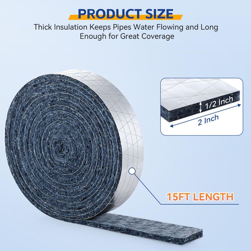 Saillong Pipe Wrap Insulation, 15 Ft Foil Backed & Natural Cotton Outdoor Water Pipe Insulation Wrap, Prevents Freezing & Condensation, Ideal for Hot & Cold Water Pipes, 2'' Wide x 1/2'' Thick - Image 2