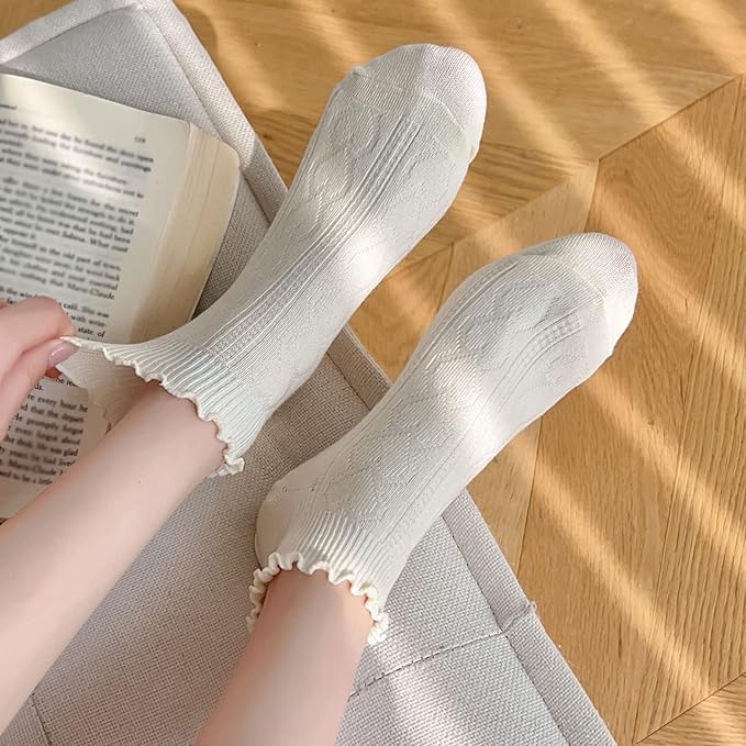 ChicAbode Women Socks,Women Ruffle Frilly Rib Knit Ankle Socks,Heart Pattern Textured Casual Cute Low Cut Socks 5 Pairs (Cotton, A) - Image 2