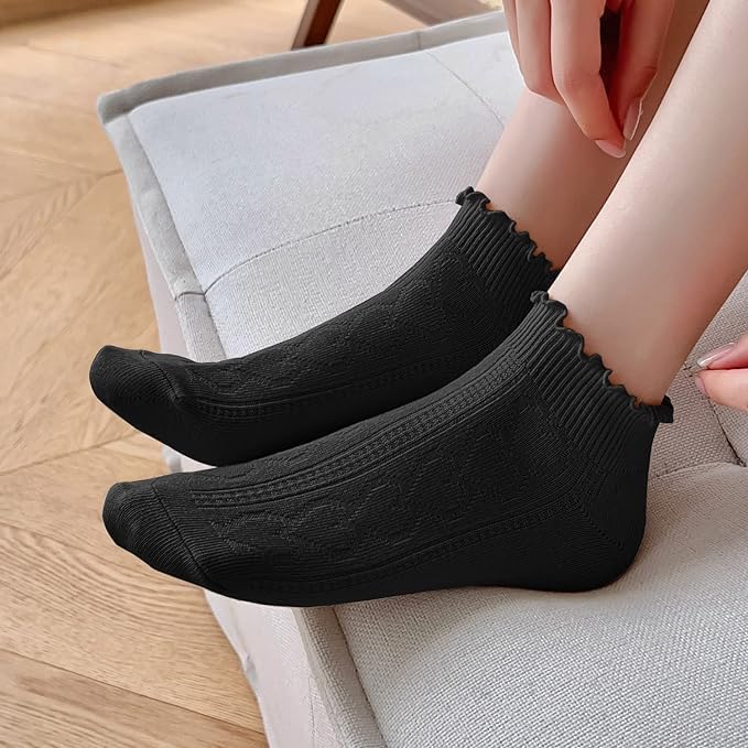 ChicAbode Women Socks,Women Ruffle Frilly Rib Knit Ankle Socks,Heart Pattern Textured Casual Cute Low Cut Socks 5 Pairs (Cotton, A) - Image 4