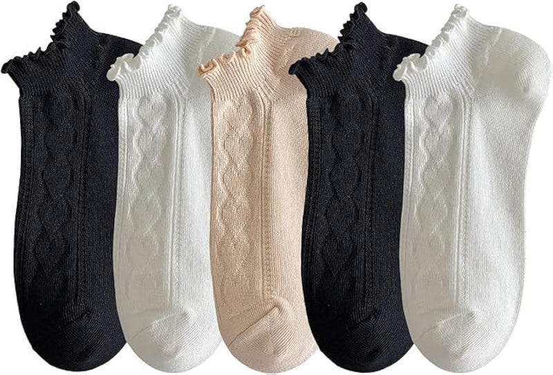 ChicAbode Women Socks,Women Ruffle Frilly Rib Knit Ankle Socks,Heart Pattern Textured Casual Cute Low Cut Socks 5 Pairs (Cotton, A) - Image 1