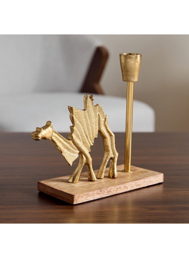 Home Box Rayon Aluminium Camel Taper Candleholder with Wooden Base 21 x 8 x 18.5 cm - Image 2