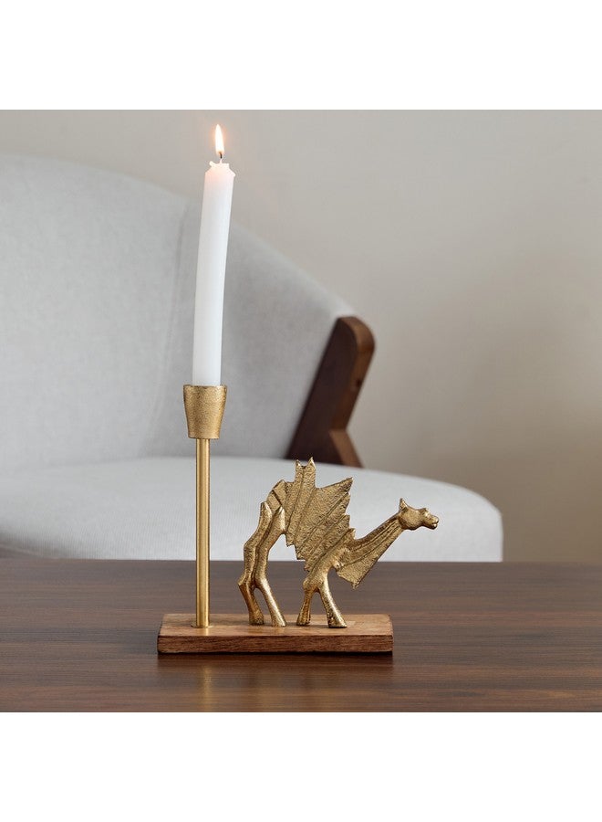 Home Box Rayon Aluminium Camel Taper Candleholder with Wooden Base 21 x 8 x 18.5 cm - Image 1