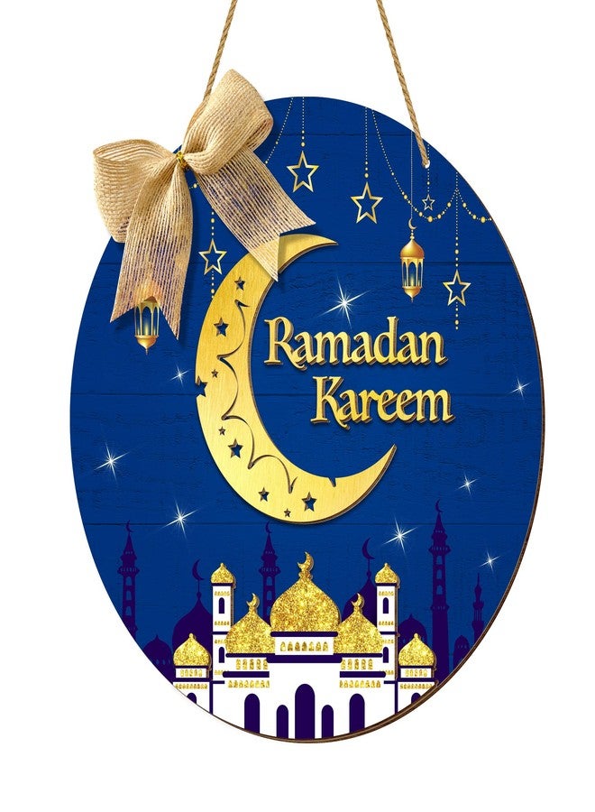 CIOEY Ramadan Door Sign Ramadan Kareem Wooden 3D Hanging Decorations, Round Eid Mubarak Wood Hanging Plaque Wreath Moon Ornament, Ramadan Mubarak Muslim Wall Window Porch Decor with Bow Blue - Image 1