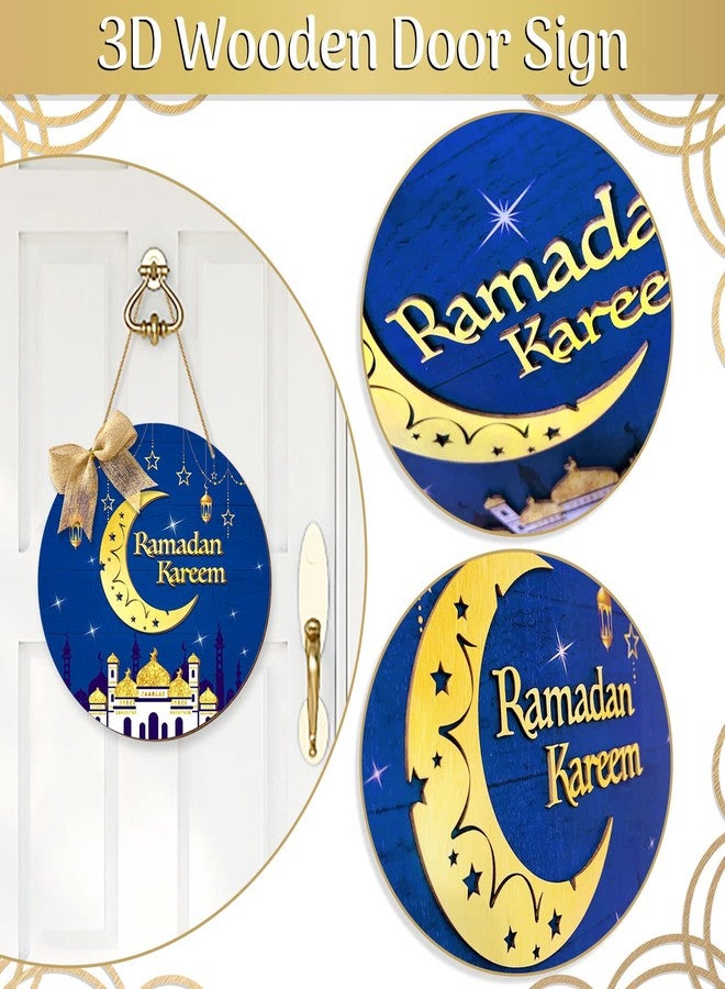 CIOEY Ramadan Door Sign Ramadan Kareem Wooden 3D Hanging Decorations, Round Eid Mubarak Wood Hanging Plaque Wreath Moon Ornament, Ramadan Mubarak Muslim Wall Window Porch Decor with Bow Blue - Image 3