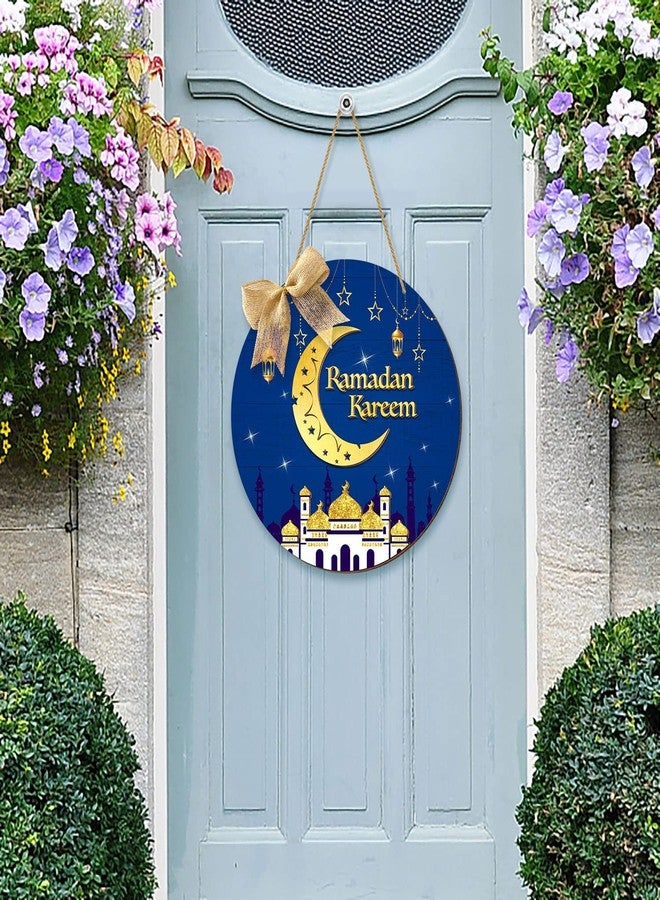 CIOEY Ramadan Door Sign Ramadan Kareem Wooden 3D Hanging Decorations, Round Eid Mubarak Wood Hanging Plaque Wreath Moon Ornament, Ramadan Mubarak Muslim Wall Window Porch Decor with Bow Blue - Image 4