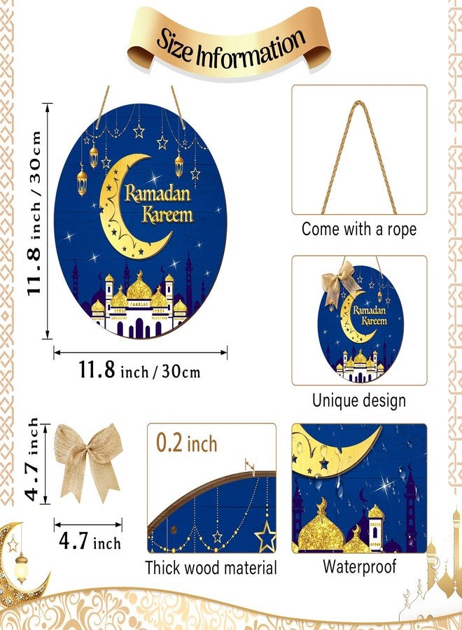 CIOEY Ramadan Door Sign Ramadan Kareem Wooden 3D Hanging Decorations, Round Eid Mubarak Wood Hanging Plaque Wreath Moon Ornament, Ramadan Mubarak Muslim Wall Window Porch Decor with Bow Blue - Image 2