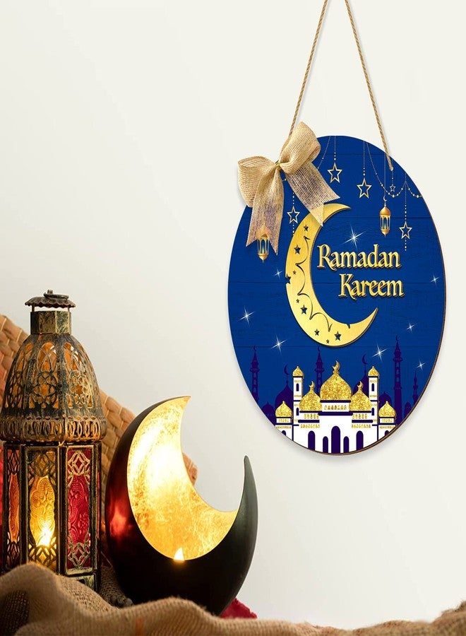 CIOEY Ramadan Door Sign Ramadan Kareem Wooden 3D Hanging Decorations, Round Eid Mubarak Wood Hanging Plaque Wreath Moon Ornament, Ramadan Mubarak Muslim Wall Window Porch Decor with Bow Blue - Image 5